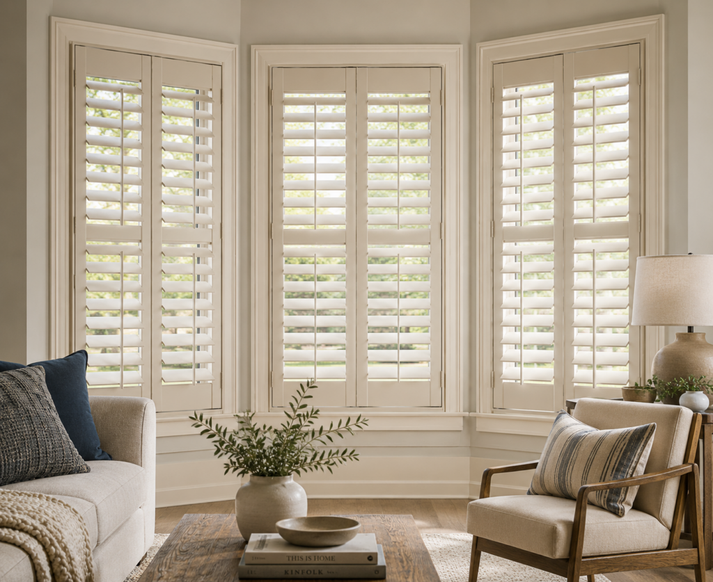 A cozy living room with Wood Shutters, a beige sofa, armchair, coffee table, and potted plant, featuring large bay windows adorned with elegant white shutters that let in soft natural light.