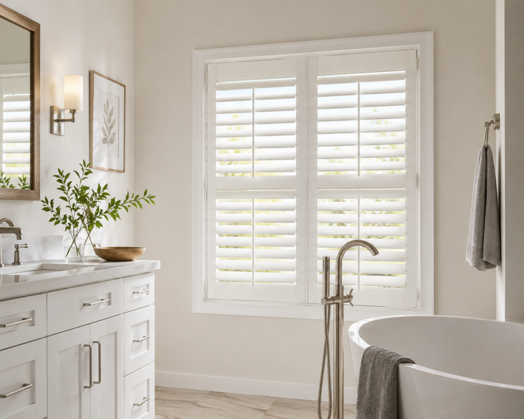 Bright, modern bathroom with white cabinetry, a round freestanding bathtub, leafy plant on the counter, wall-mounted mirror, towel on a hook, and sunlight streaming through classic white Graber composite shutters on the window.