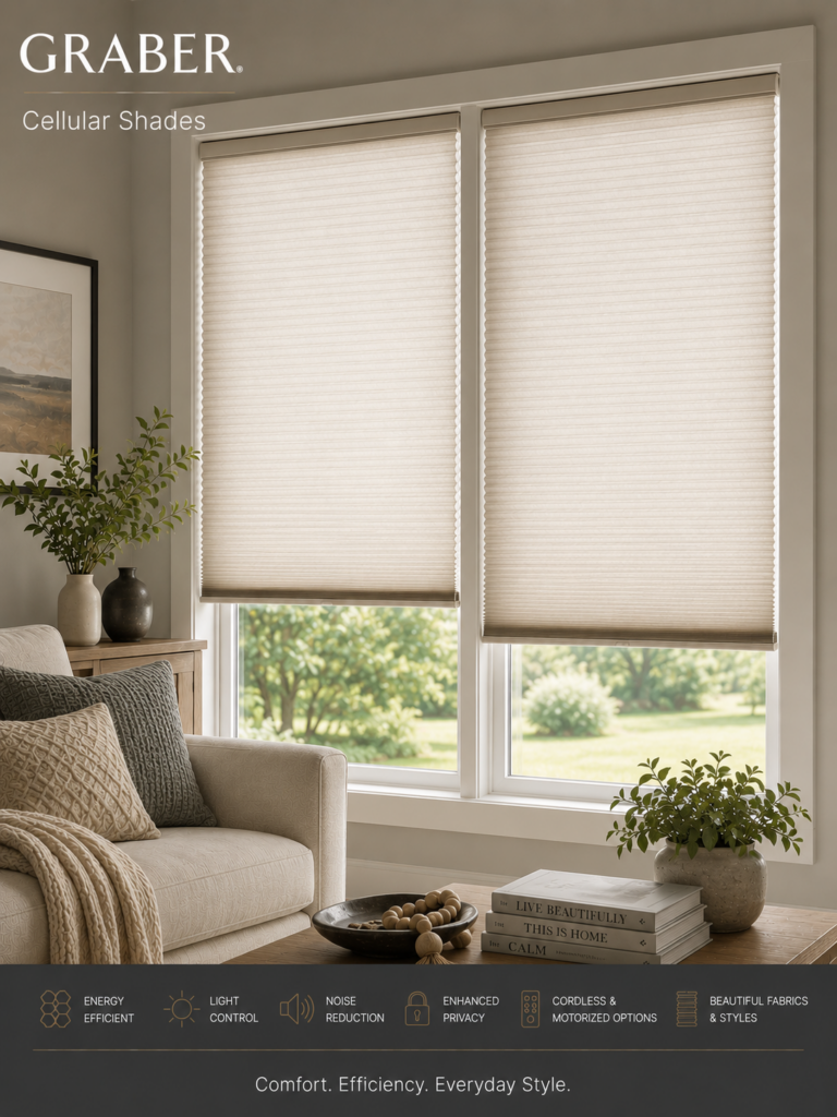 A bright living room features beige cellular shades from Graber on two large windows, a cozy beige armchair, a leafy plant, and a coffee table with books. Icons and text below highlight the shades’ energy-saving benefits.