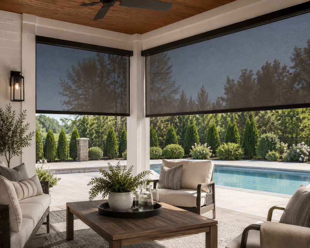 A covered patio with outdoor seating, a wooden coffee table adorned with plants, and large retractable Graber Exterior Solar shades offers relaxing views of the swimming pool and landscaped yard filled with trees and shrubs.