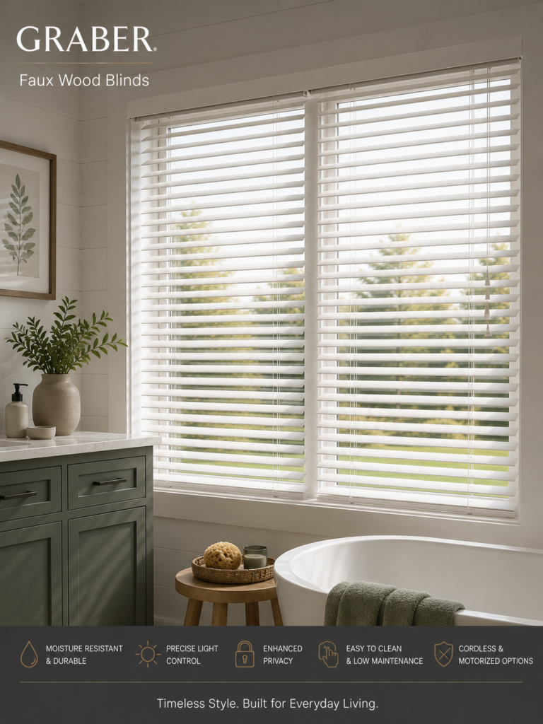 A bathroom with green cabinets, a framed leaf print, and a white bathtub beside a window with Graber Faux Wood blinds partially open, letting in natural light and revealing a lush green outdoor view.