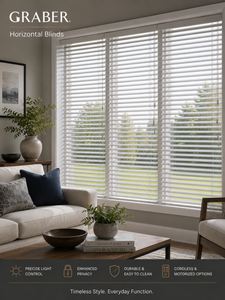 A bright living room with large windows covered by sleek Graber Horizontal blinds lets natural light stream in. Modern furniture, books, and plants decorate the cozy space. Text highlights the features of Graber Horizontal Blinds.