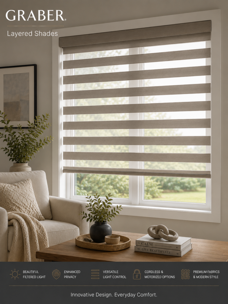 A modern living room with a beige armchair, small table with books and a plant, and large windows fitted with stylish Graber Layered shades that gently filter natural light.