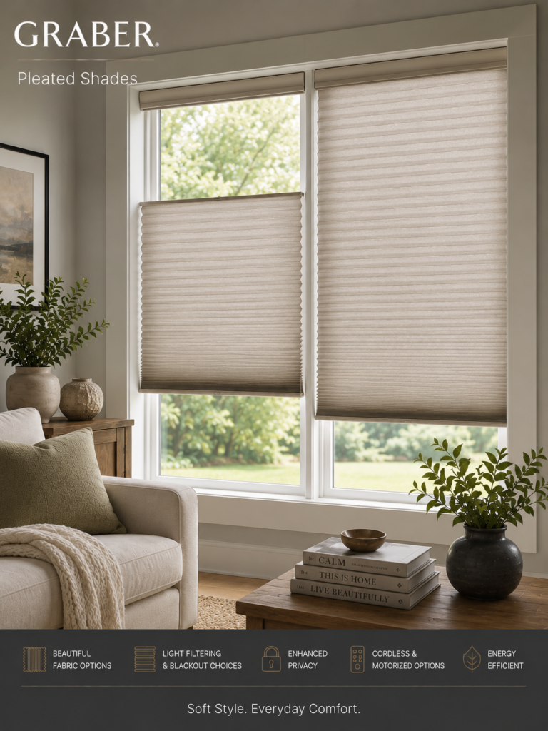 Living room with beige Graber pleated shades partially down on large windows, a sofa with pillows, a wooden coffee table with books and plants, and framed wall art. Graber Pleated Shades branding and feature icons highlight these elegant window shades.