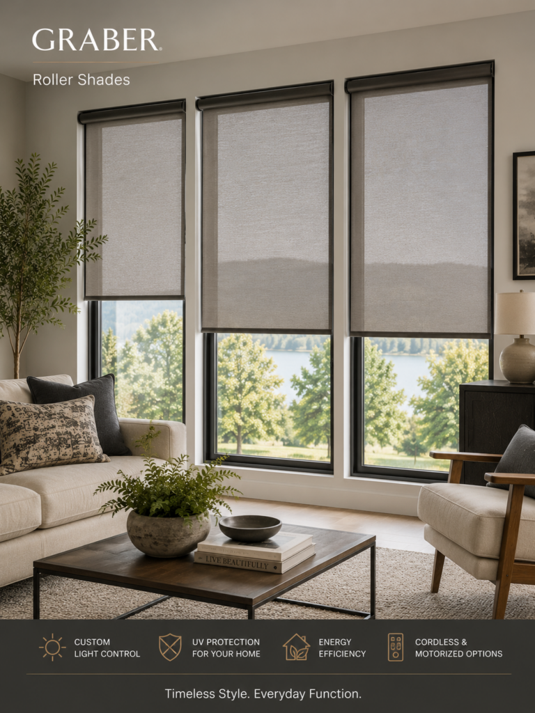 A modern living room with large windows featuring stylish gray Roller shades by Graber, overlooking a scenic lake and trees. The space includes a beige sofa, plants, and a coffee table, highlighting functional window coverings.