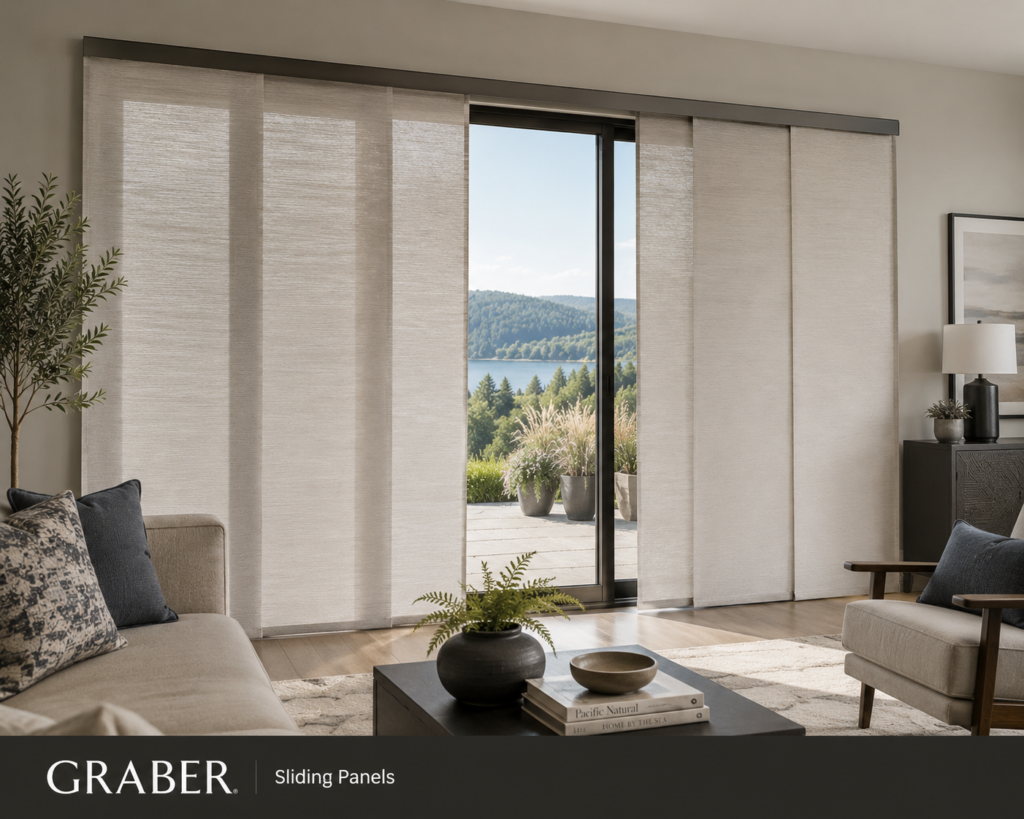 Modern living room with beige Graber sliding panels partially open, revealing a patio with potted plants and a scenic view of a lake and green hills. Cozy furniture and neutral decor adorn the space.