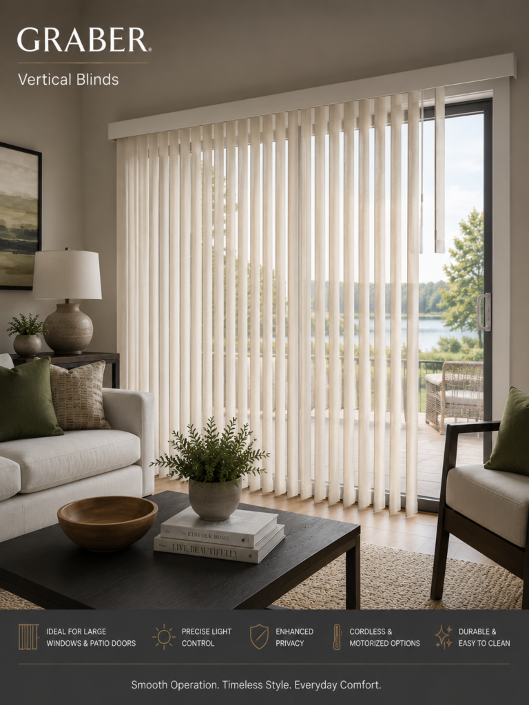Living room with beige Graber Vertical Blinds covering a large glass patio door, letting in natural light and offering a lake view. Modern furniture and decorative plants create a cozy, neutral-toned space.