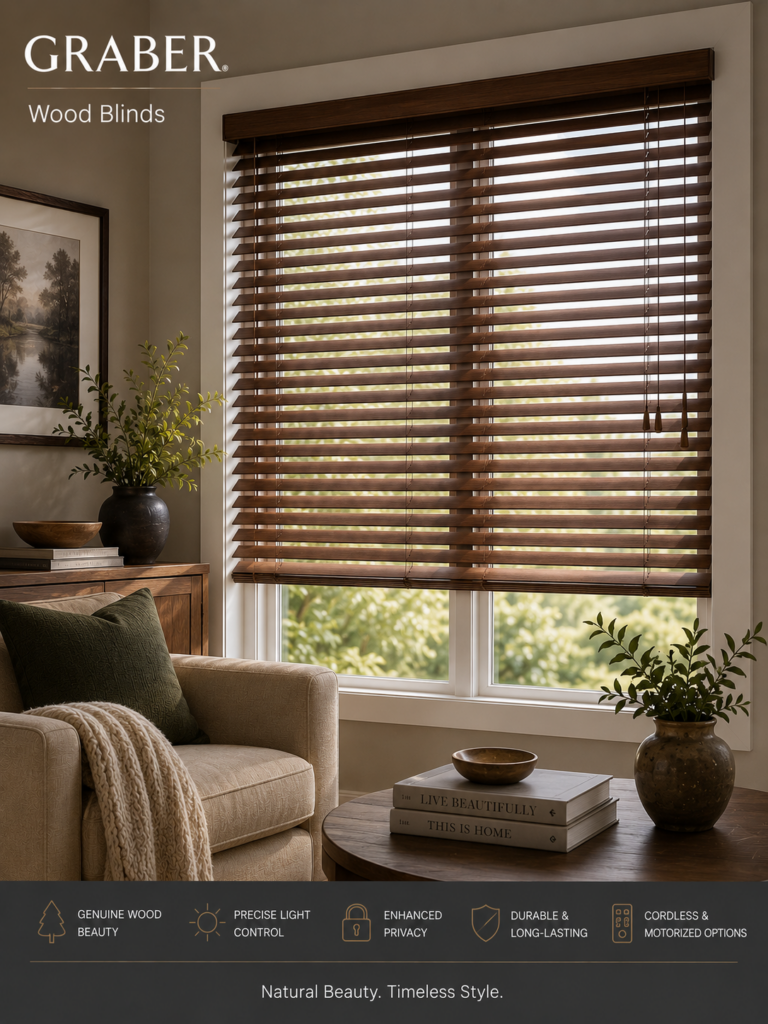 Living room with a large window dressed in Graber wood blinds, a beige armchair, lush plant, and a side table with books and décor. Discover the style and function these premium blinds bring to your home.