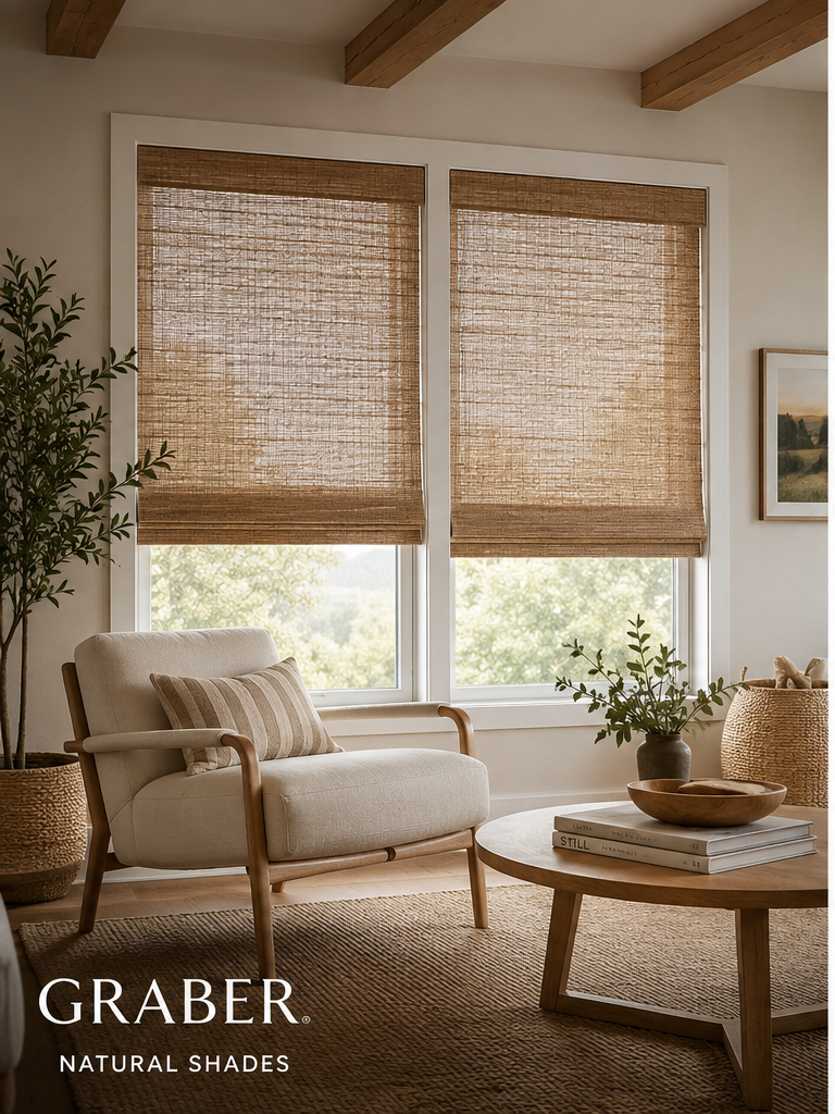 A cozy living room with two large windows covered by Graber natural shades, a beige armchair, a round wooden coffee table with a plant, a woven basket, and neutral decor. Text reads: GRABER NATURAL SHADES. Experience the beauty of shades.