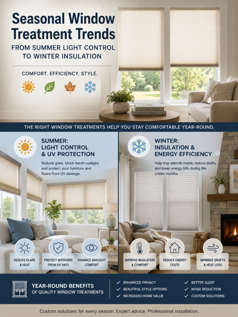 Infographic about seasonal window treatment trends, showing rooms with window shades for summer light control and winter insulation. Includes icons and benefits like UV protection, energy efficiency, and comfort from seasonal window treatment updates.