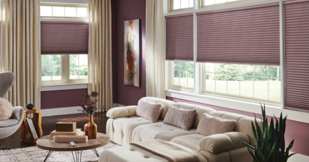 Smart home investment with energy efficient Graber cellular shades in living room with large windows and modern decor