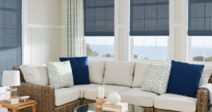 Custom woven shades installed by Rick’s Blinds in a bright Kansas City living room