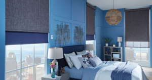 Modern bedroom with layered roller shades for privacy, blackout light control, and adjustable natural light